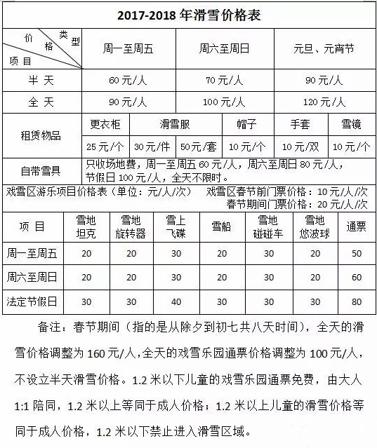 2018满城神湖四季滑雪场票价