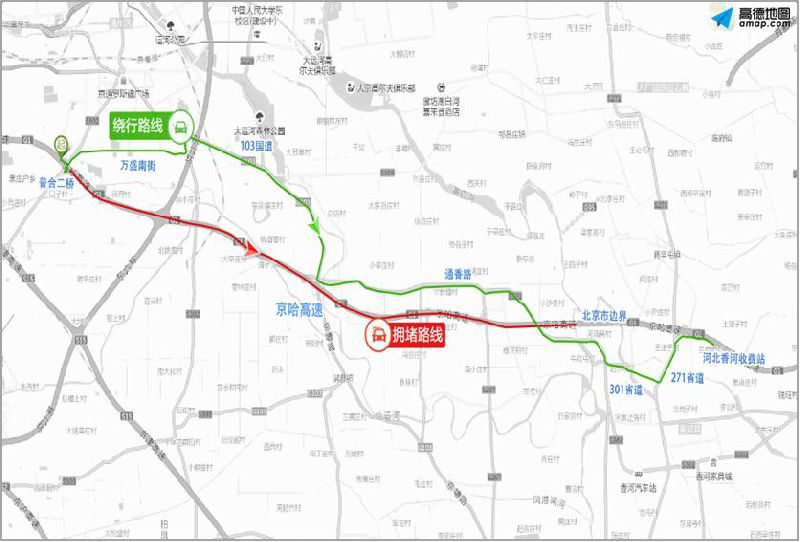 京承高速出京方向来广营桥—怀柔桥拥堵时,可选择从北五环—京密路