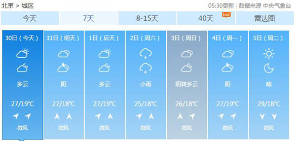 2017年8月30日31日北京天气预报:山区有阵雨