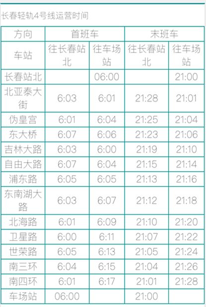 长春轨道交通4号线早晚时间表