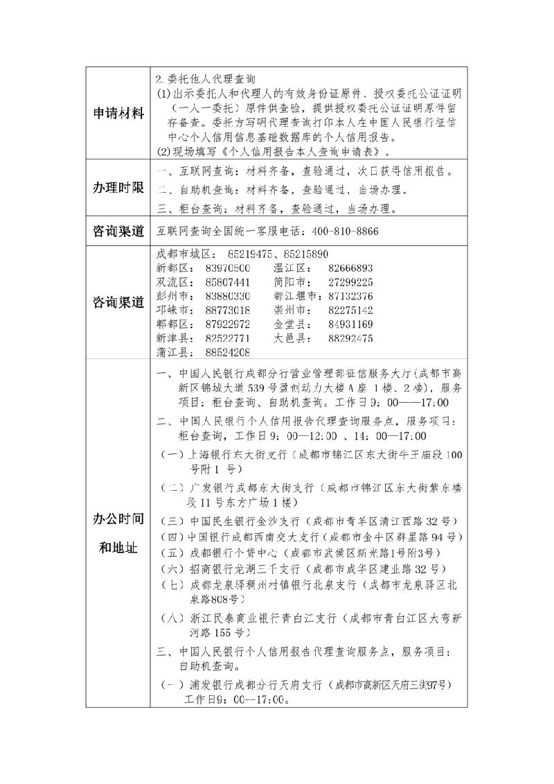 成都市信用报告查询服务指南及服务网点