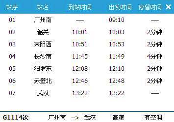 广州南～武汉G1114次列车时刻表