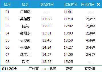 广州南～武汉G1120次列车时刻表
