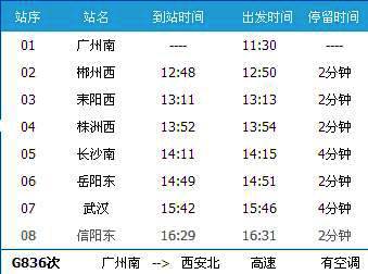 广州南～武汉G836次列车时刻表