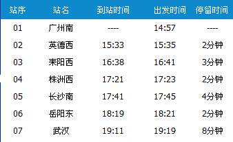 广州南～武汉G554次列车时刻表及各站到站时间