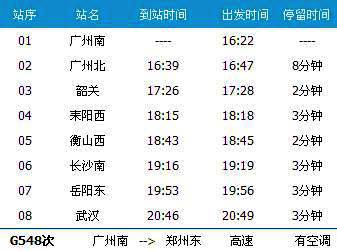 广州南～武汉G548次列车时刻表及各站到站时间