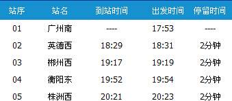 广州南～武汉G1154次列车时刻表及各站到站时间