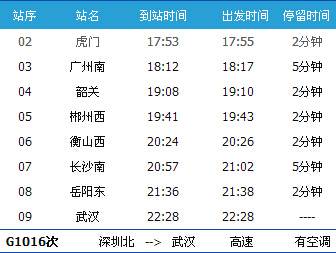 广州南～武汉G1016次列车时刻表及各站到站时间