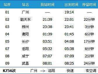 广州～武昌K756次列车时刻表及各站到站时间