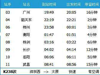 广州～武昌K238次列车时刻表及各站到站时间