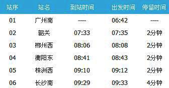 广州南~长沙南G280次列车时刻表及各站到站时