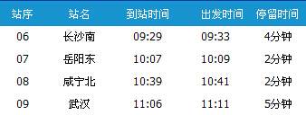 广州南～武汉G280次列车时刻表及各站到站时间