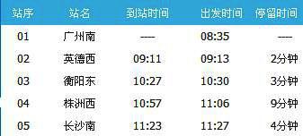 广州南～长沙南G1112次列车时刻表及各站到站时间