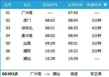 广州到潮汕G6301次列车时刻表及各站到站时间