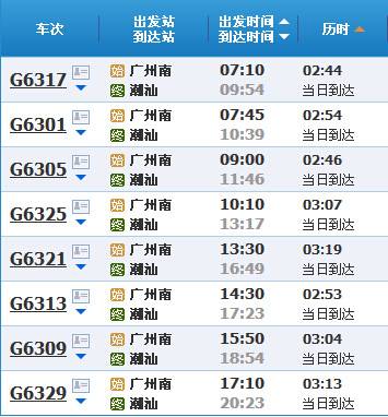 2015最新广州到潮汕高铁时刻表
