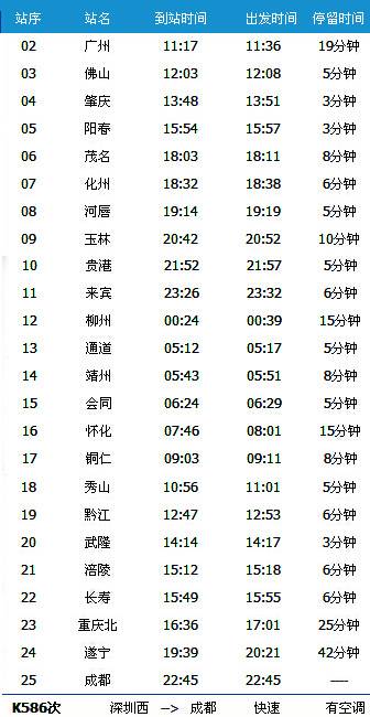 广州到成都K587次列车时刻表及各站到站时间