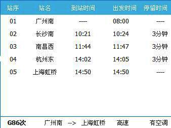 广州到上海虹桥G86次列车时刻表及各站到站时间