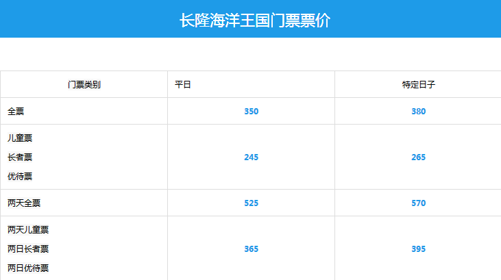 珠海长隆海洋世界门票价格