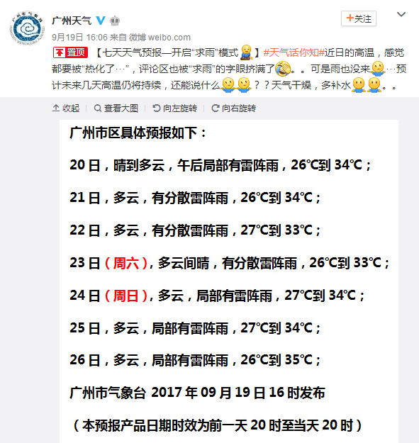2017年9月20日广州天气预报:多云 午后局部有