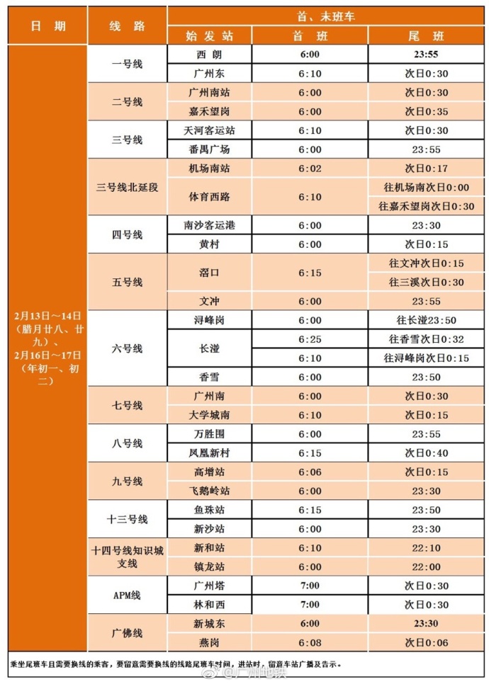 2018年广州地铁春节期间运营时间表一览