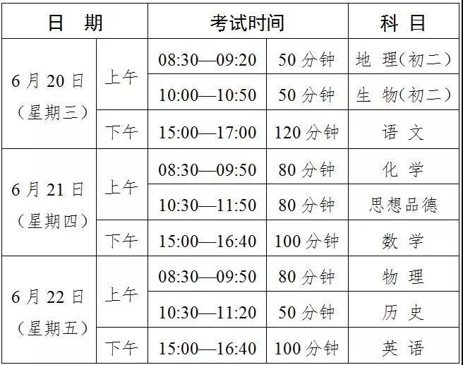 2018年广东初中学业水平考试时间安排表