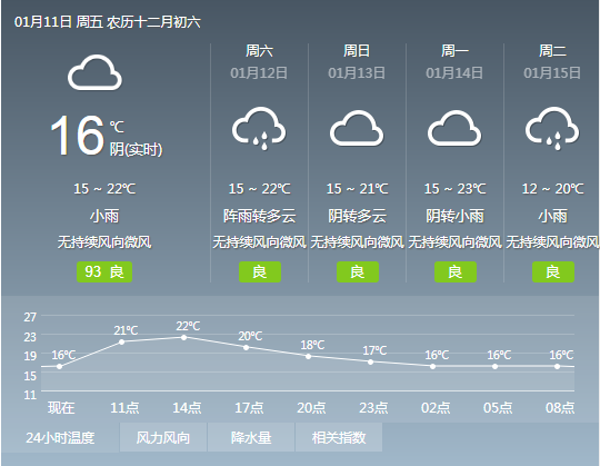 2019年1月11日广州天气阴天 早晚有轻雾 16℃