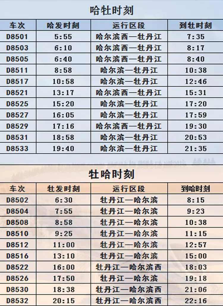 哈牡高铁列车时刻表（最新）