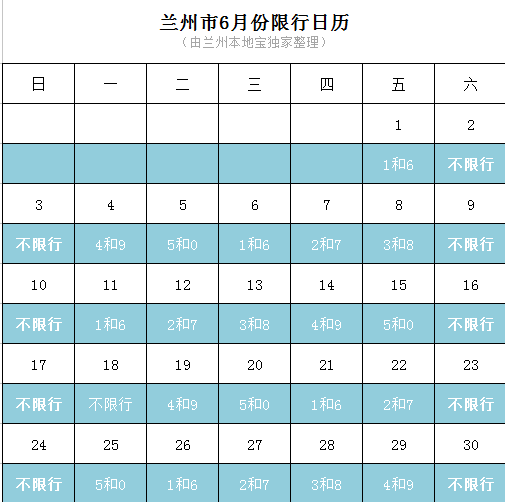 2018兰州6月限行日历