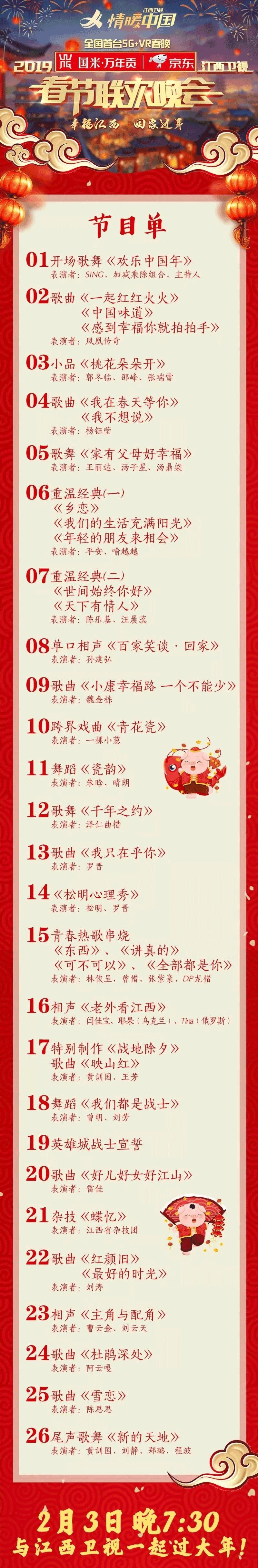 2019江西卫视春晚节目单 重播时间 刘涛出场时间(最终