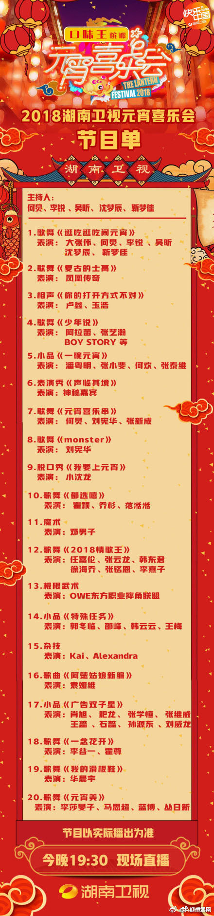 2019湖南卫视元宵喜乐会节目单（哪些明星 什么节目）