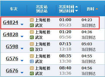 g4824次列车时刻表(上海到武汉春运临客)