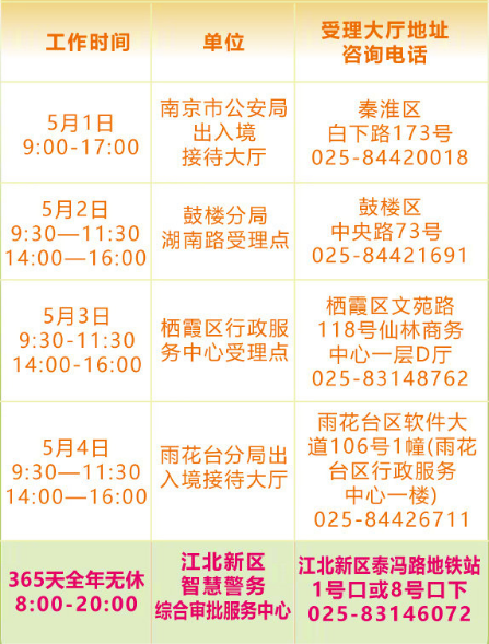 2019南京五一出入境上班时间一览表
