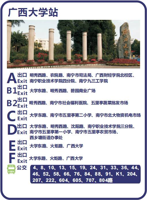南宁地铁1号线广西大学站公交换乘指南