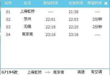 G7194次列车时刻表(上海虹桥至南京南临时高