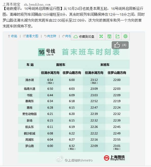 时刻表调整   10月24日起,上海地铁16号线也将同步启用新的列车运行图