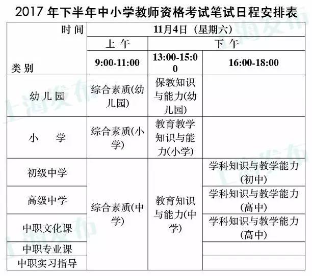 2017下半年上海中小学教师资格考笔试9月5日