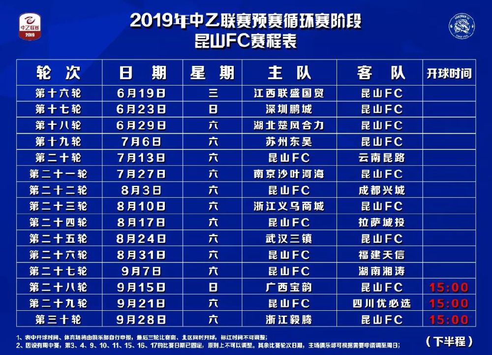 2019中乙联赛昆山FC赛程表一览