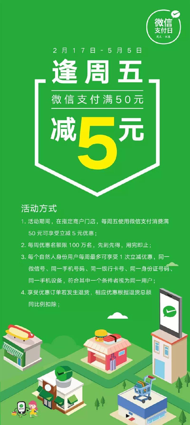 华润万家微信支付优惠!逢周五用微信满50元减5元(至05.05)