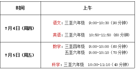 福田区2019年春季学期期末考试时间表（小学 初中）