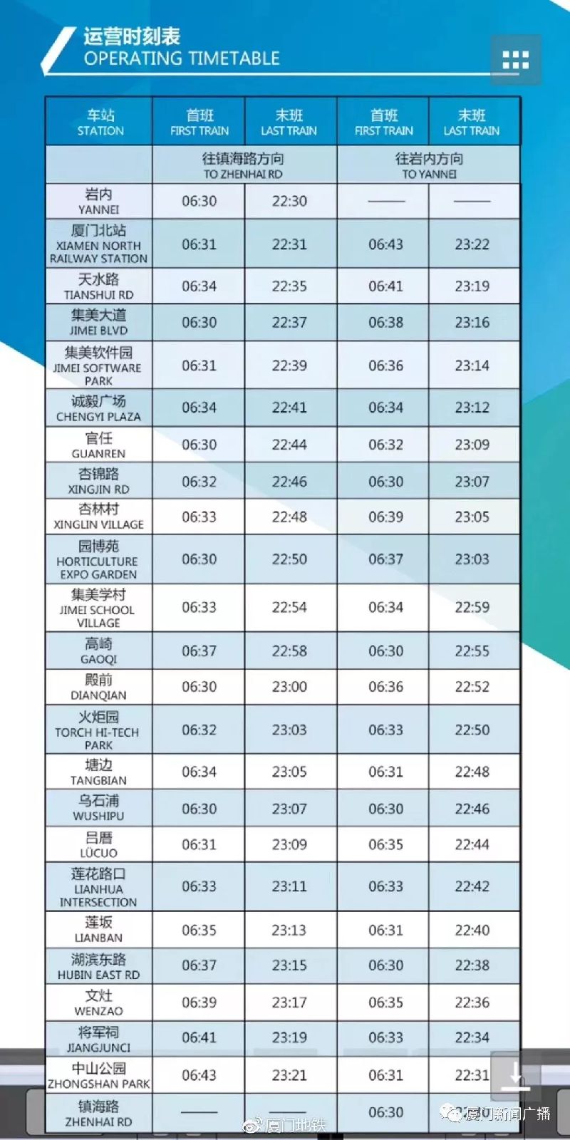 厦门地铁运营时刻表更新中