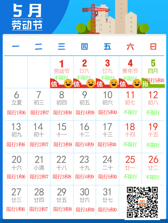 2019郑州5月份限行日历