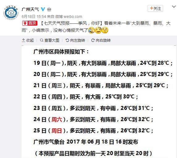 2017年6月19日廣州天氣預報:陣雨轉大到暴雨 25℃~28