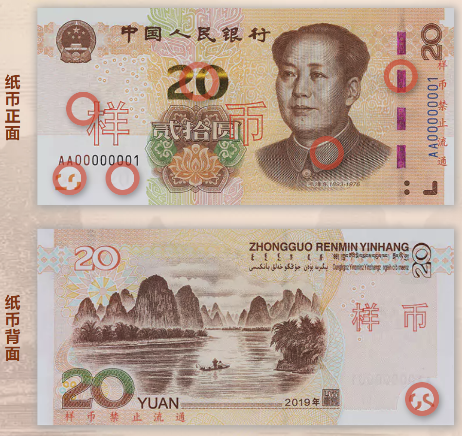 2019年版第五套人民币20元纸币防伪特征