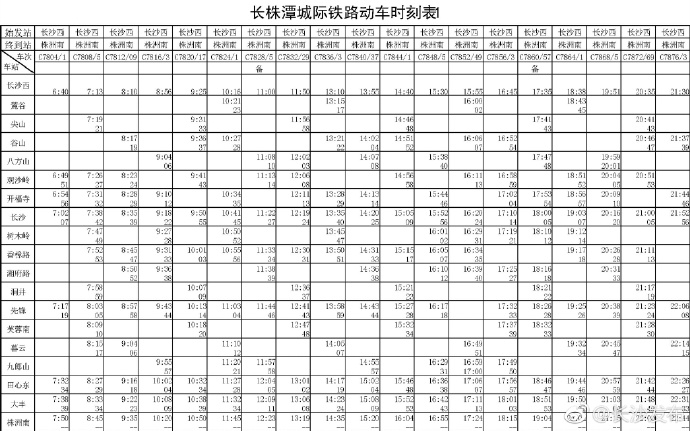 长株潭城际铁路动车时刻表2017