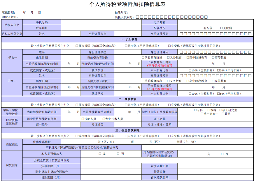 个人所得税专项附加扣除信息采集表纸质版下载入口及模板