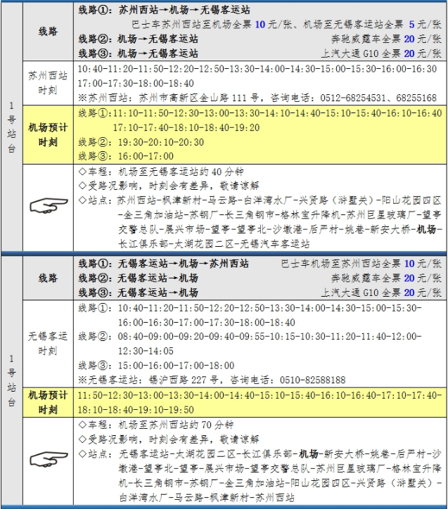 蘇州到蘇南碩放機場大巴往返時刻表