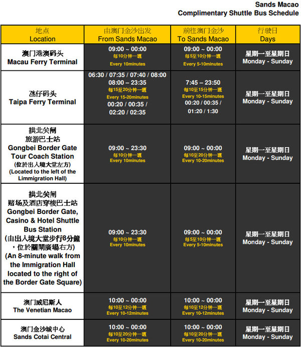 澳门免费穿梭巴士盘点(线路 时刻表 站点)